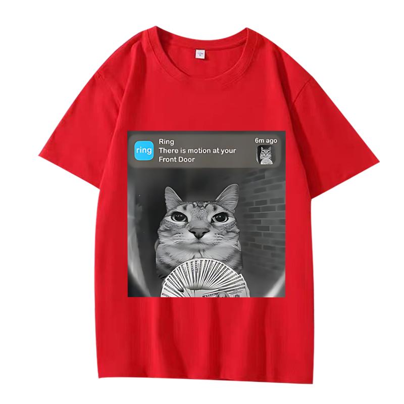 There Is Motion At Your Front Door Funny Silly Cat Meme T Shirt Men Women Oversized 100% Cotton  Short Sleeve Summer Unisextops
