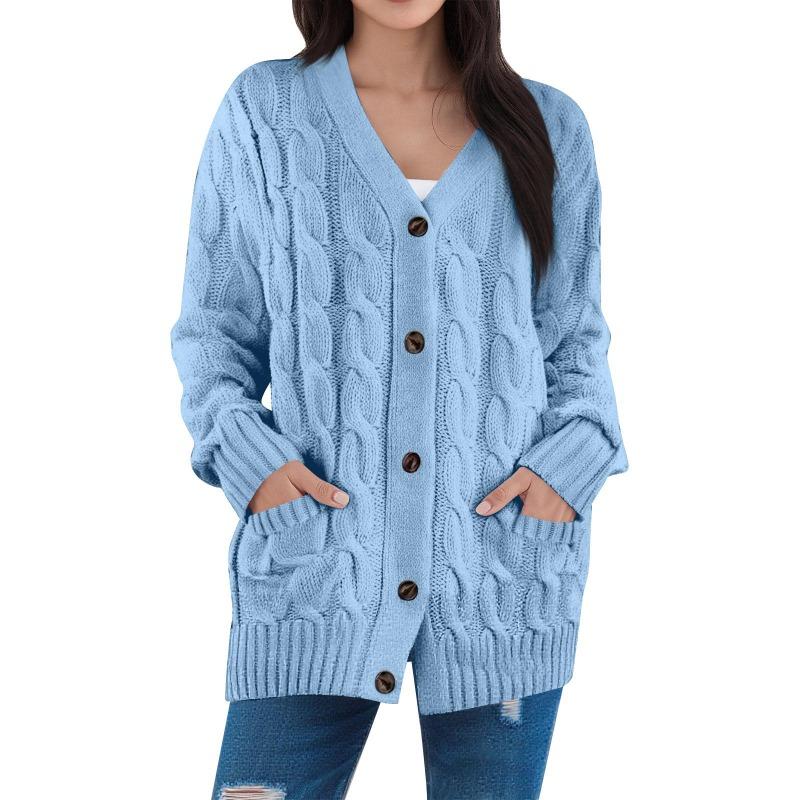 Damenmode Einfarbige Lässige Strickjacke Zopfmuster Knopf Strickjackenpullover