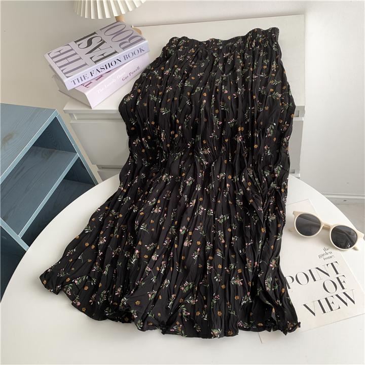 

Плиссированная миди-юбка с цветочным принтом - Корейский стиль, Стройнящий А-силуэт для женщин One Size