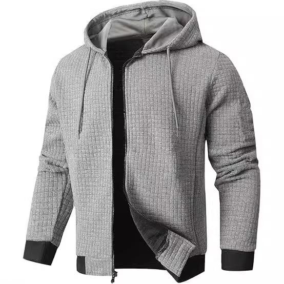Quilted Hooded Zip-Up Jacket with Adjustable Drawstring, Ribbed Cuffs and Hem, Available In Beige, White, Black, Light Gray, Dark Blue