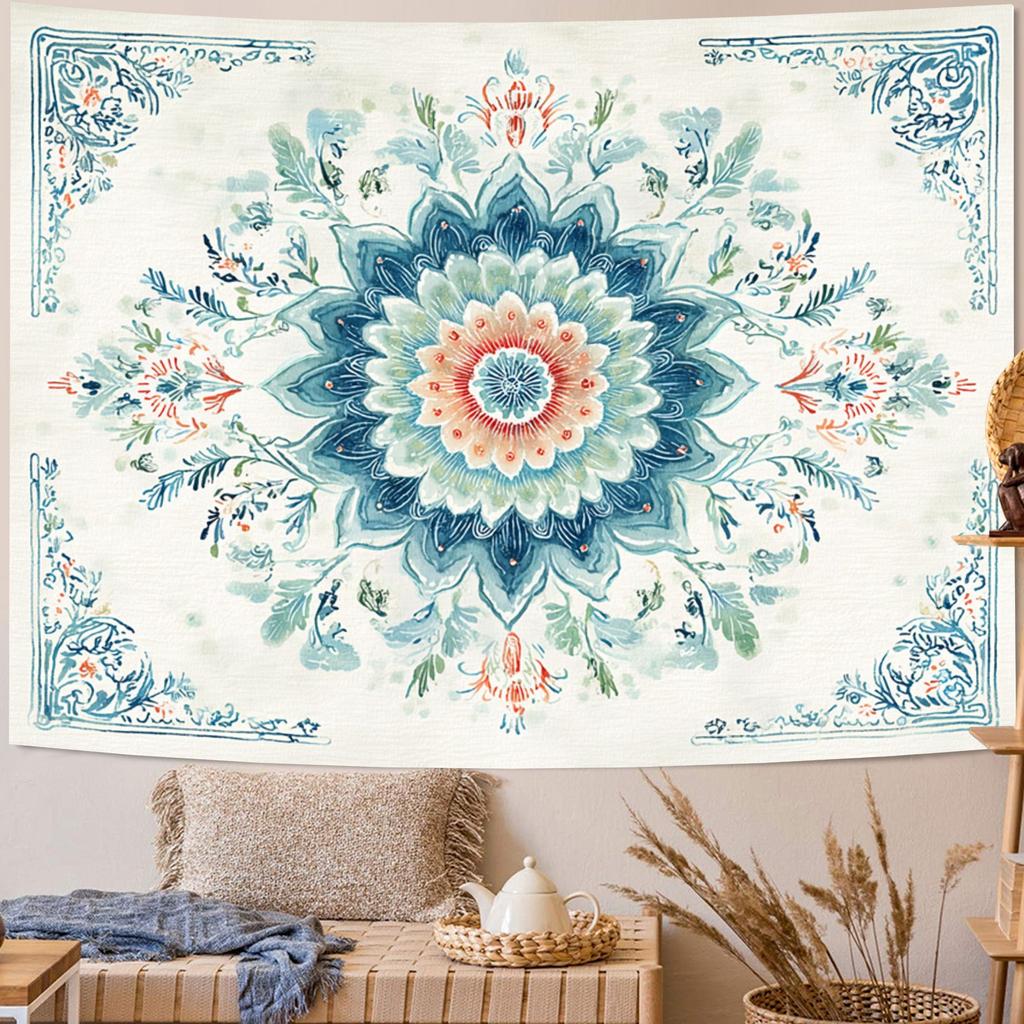 Blue Pink Floral Pattern Digital Printing Polyester Wall Hanging Tapestry Decorative Living Room Bedrooms Office Background Gift