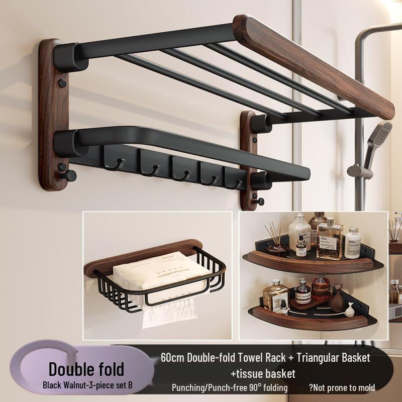 Handun Walnut Wall-Mounted Towel Rack & Shelf Set