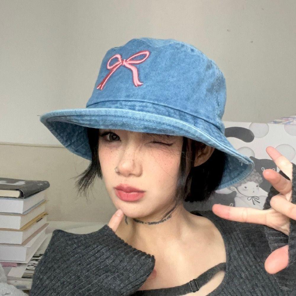 Korean Bow Embroidery Hat Sweet Washed Denim Hat Fashion Bowknot Bucket Hat for Women