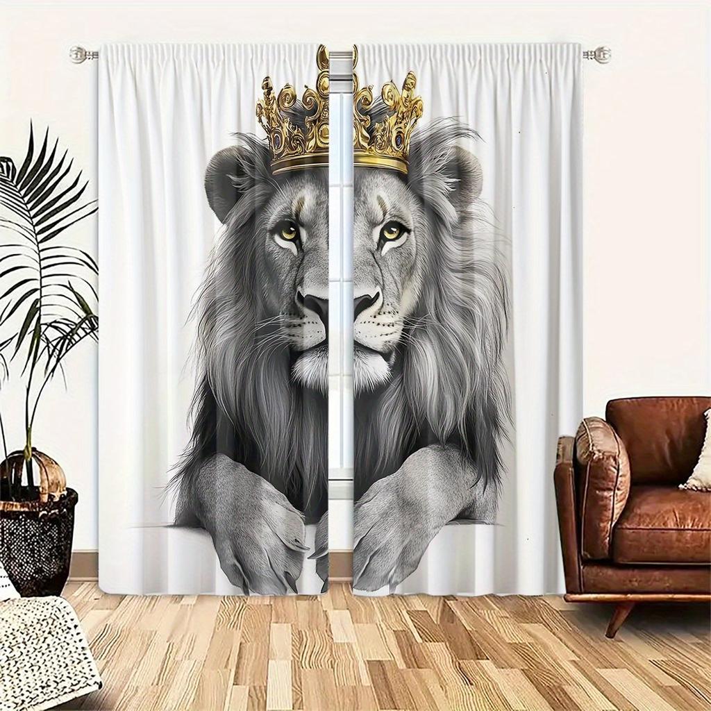 2pcs   Polyester Material   HD Digital Black and White Crown Lion Pattern Print   Light Filtering Curtain   Suitable for Bedroom