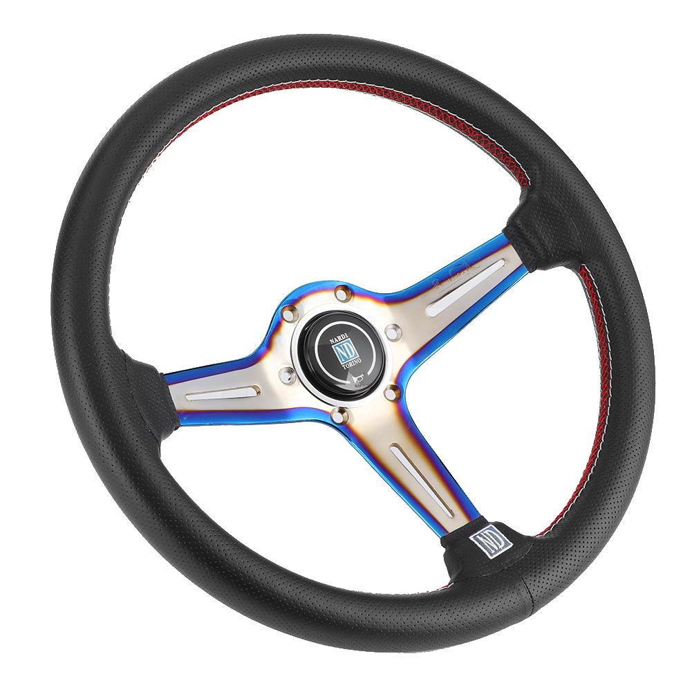 350mm 14in for NARDI Style 6 Bolt Half Dish Black Perforated Leather Racing Steering Wheel W  Horn