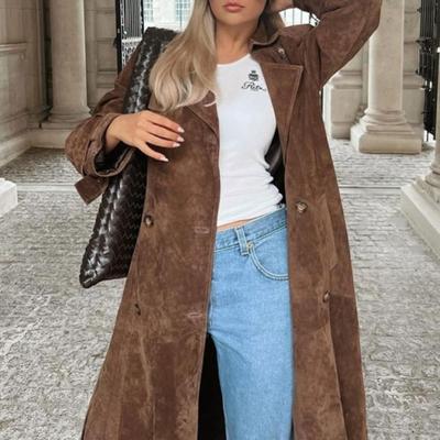 Womens Winter Long Trench Coat Brown Belted Waist Cinched Elegant City Chic Outerwear