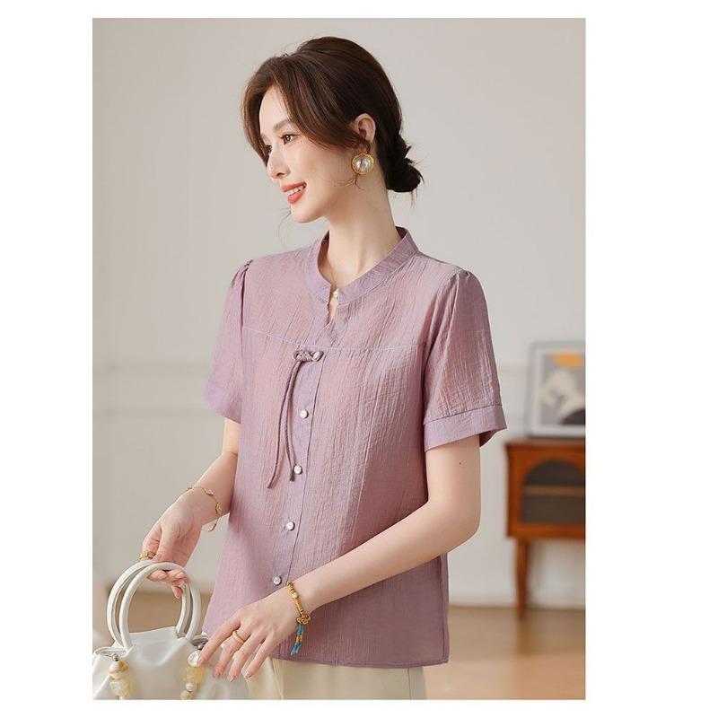 Women's Summer Mandarin Collar Blouse Short Sleeve Knot Detail Textured Fabric Loose Fit Casual Top