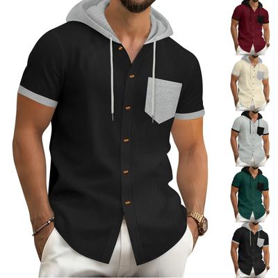 Herren Locker Lässig Klassisch Kurzärmelig Kapuze Knopfhemd T-Shirt Top