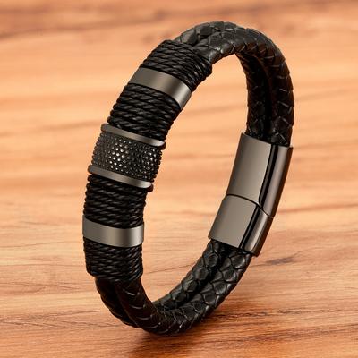 Bracciale da uomo in pelle intrecciata con corda in pelle intrecciata, stile speciale, classico, in acciaio inossidabile, design a doppio strato