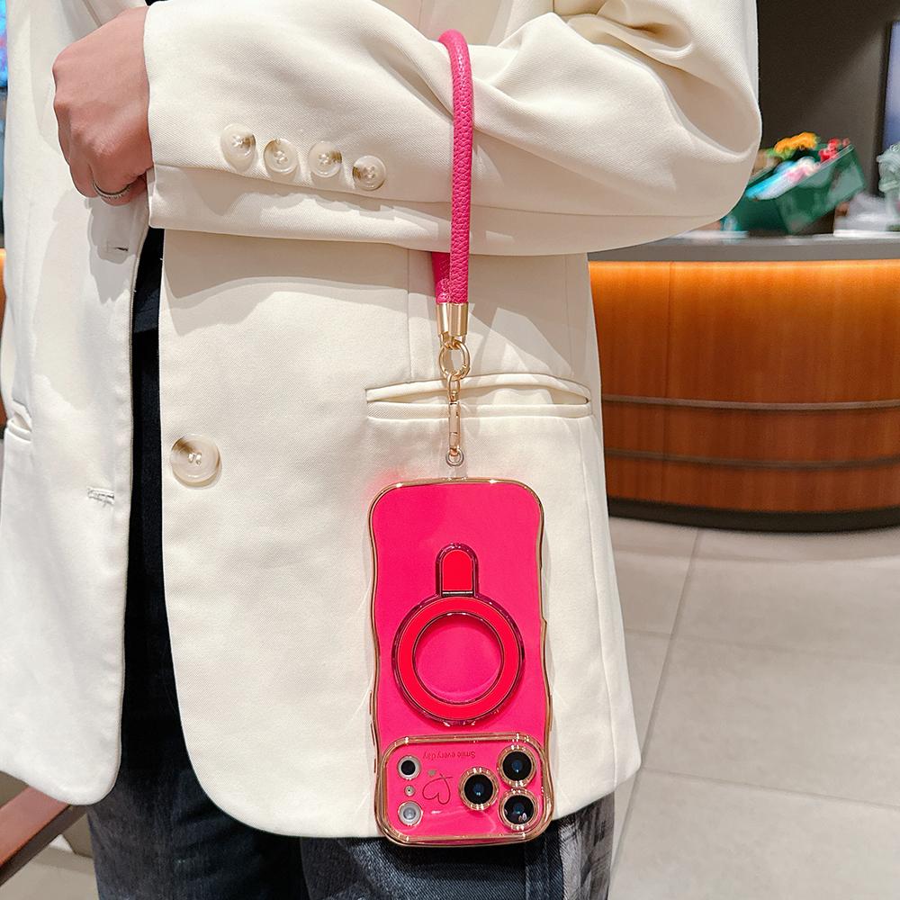 Wavy Frame Wrist Strap Phone Case for iPhone 17 Air 16 15 14 13 12 11 Pro Max Plus Silicone Soft Protective Cover Magnetic Stand