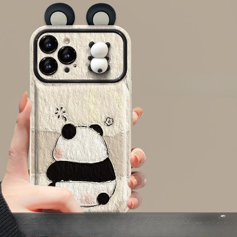 Applicable To Apple 15 Promax Mobile Phone Case IPhone 14 Panda Doll Pendant 13 Large Window Flip Mirror Xr