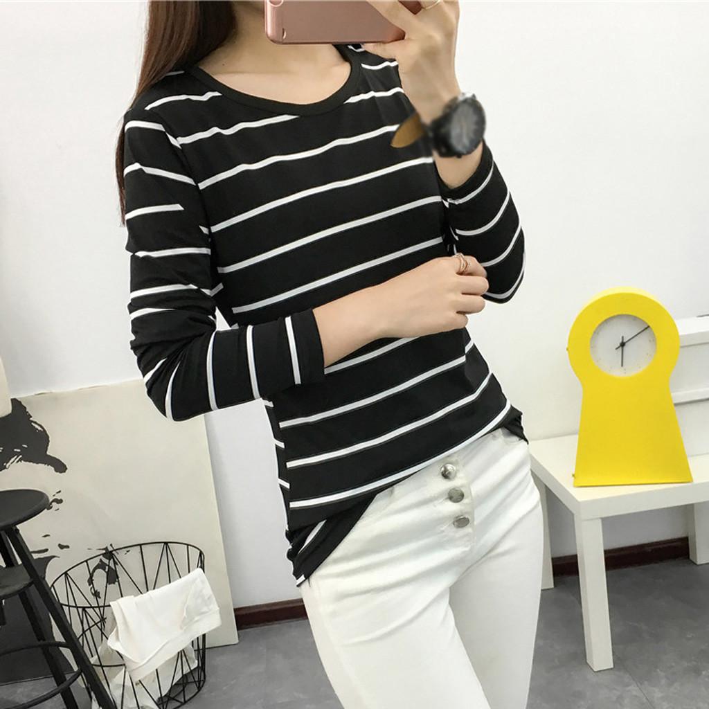 Women Korean Version Loose Stripe Long Sleeve  Bottoming Shirt Casual Tops