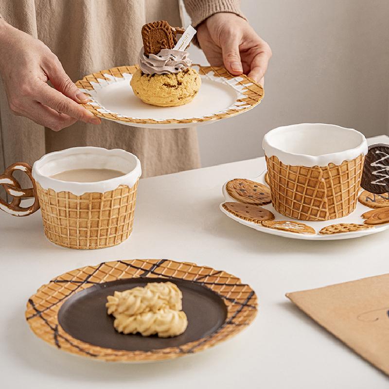 Tasse en céramique en forme de biscuit, assiette à dessert, assiette de petit-déjeuner coréen, assiette à dessert pour le thé de l'après-midi, tasse à café, tasse à lait, cadeau d'anniversaire