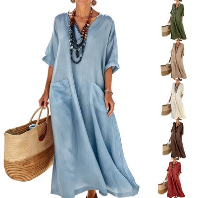Damen Langes Freizeitkleid mit V-Ausschnitt, kurzen Ärmeln, lockerem Schnitt, Taschen und ausgestelltem Saum, Bequeme Alltagskleidung