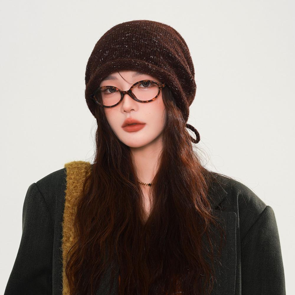 

Elastic Knitted Stacked Hat Streetwear Y2K Pullover Cap Fashion Lace-up Hat Women/Girls кофейный