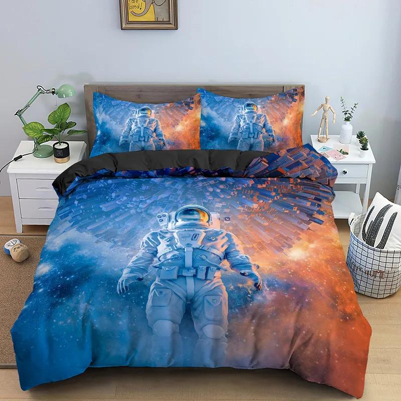 Astronaut King Queen Duvet Cover Space Cycling Bedding Set Cartoon Universe Comforter Cover Galaxy 2/3Pcs Polyester Quilt Cover