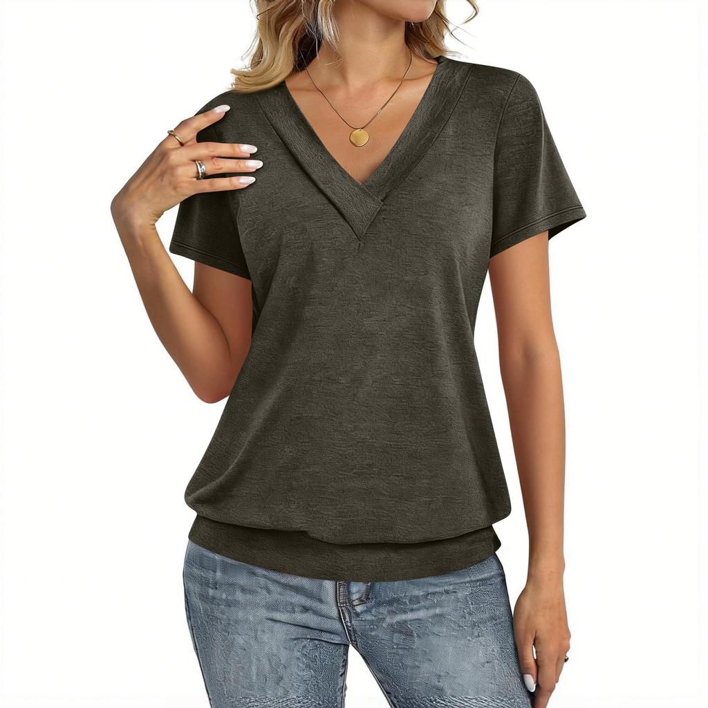Damen Mode Lässig V-Ausschnitt Kurzarm Farbhemd Damen Oberteile