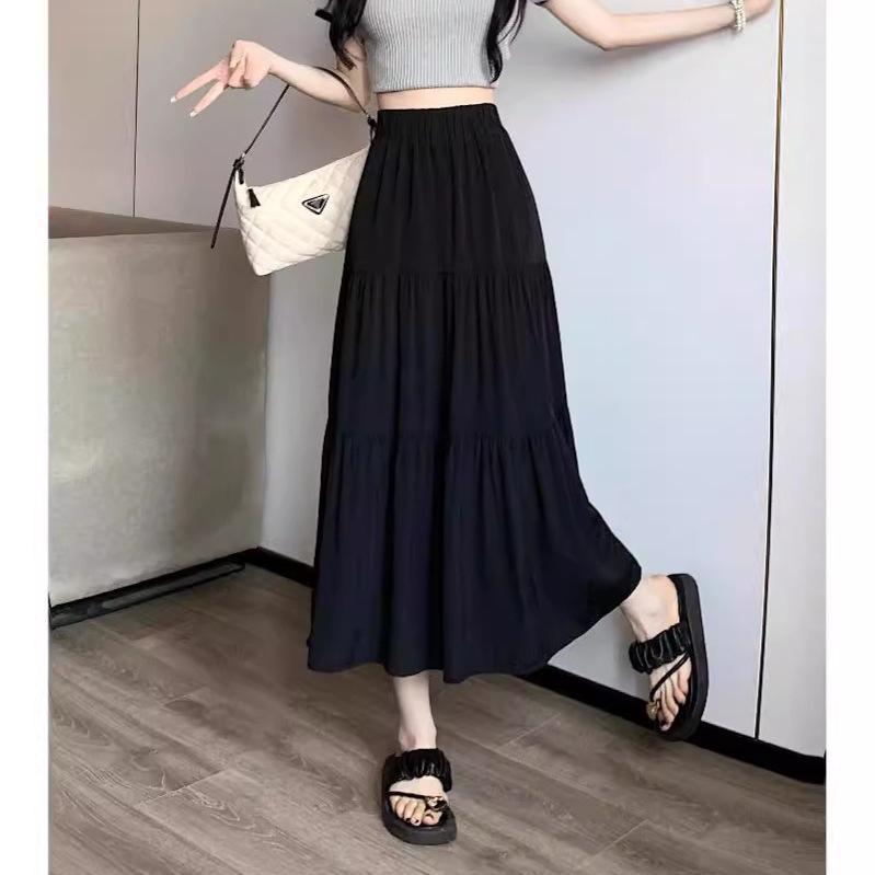 Women's High-Waist Drape Pleated A-Line Skirt - White Korean Style Midi with Hip-Covering Swing