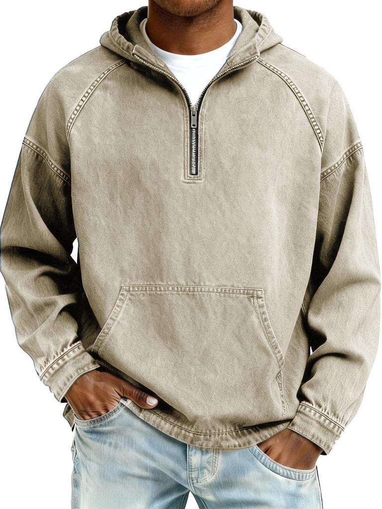 Men's Distressed Retro Long Sleeve Hooded Zip-Up Hoodie