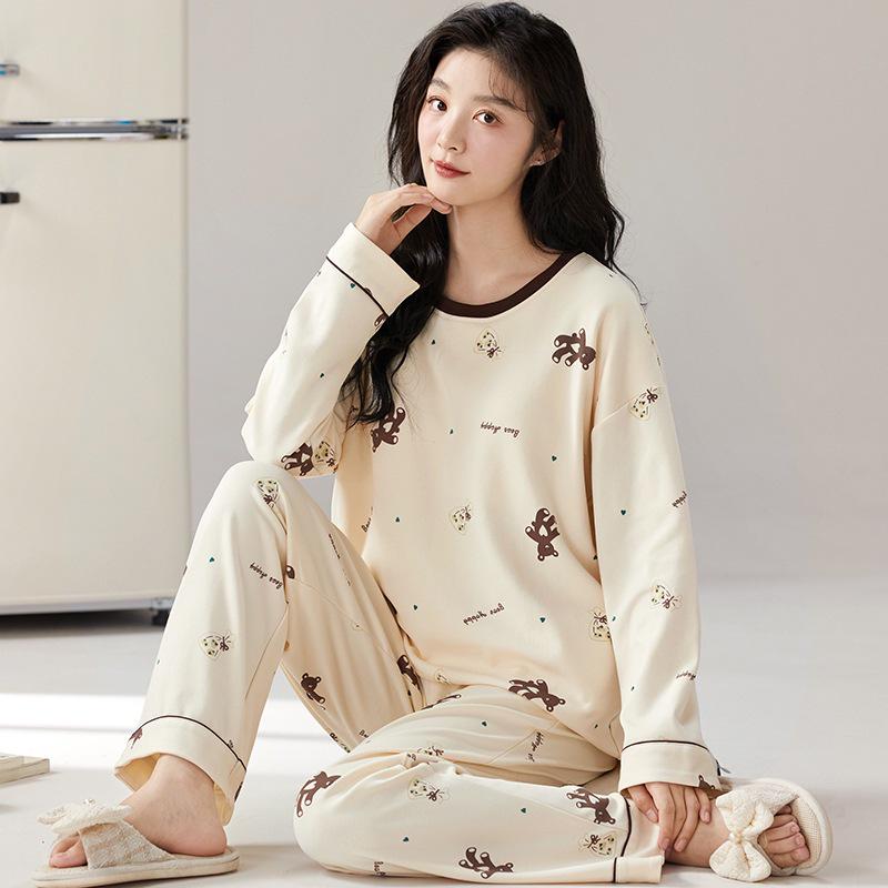 Dámské bavlněné pyžamo s dlouhým rukávem s kresleným potiskem na rok 2024: Tenký, nositelný venku, ideální pro podzim/zimu/jaro