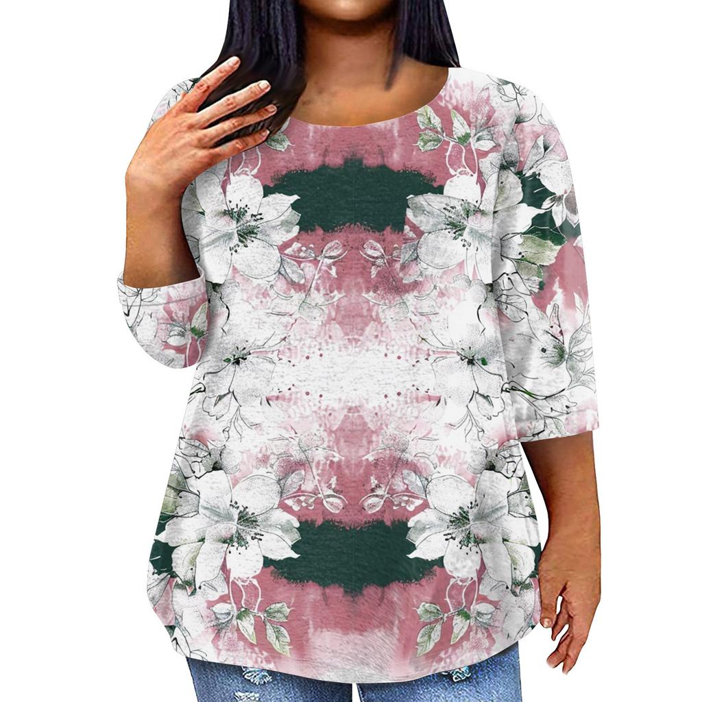Top da donna alla moda casual a maniche a tre quarti stampato con scollo rotondo