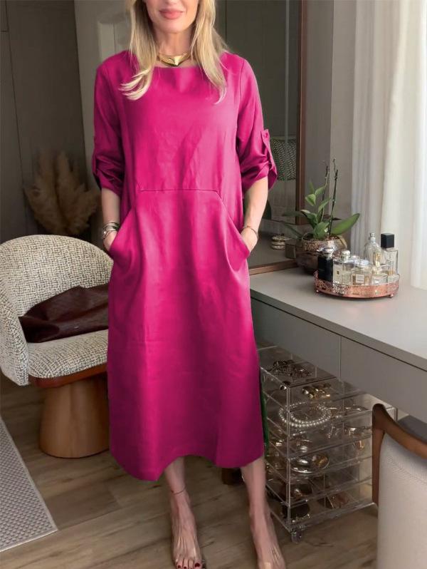 2024 Women's Cotton Linen Casual Dress with Double Pockets - Round Neck, Solid Color