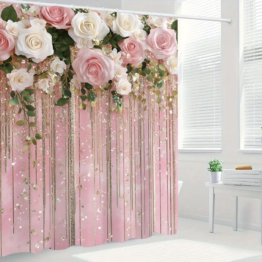 4Pcs Bathroom Shower Curtain Set Pink and White Flower Bathroom Curtain With 12 Hooks Non Slip Rugs Toilet Cover Mat Bathroom Partition