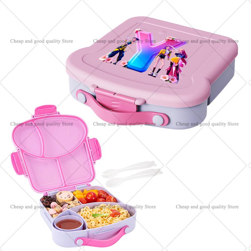KPop Demon Hunters Lunch Box with Spoon Fork Sauce Case Girls Anime Letter School Picnic Bento Food Storage Containers Kids Gift