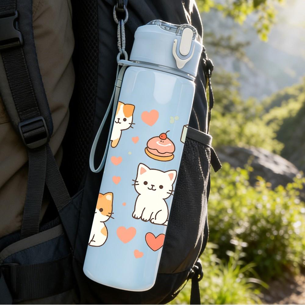 1PC Cute Cat Heart Repeat Pattern 750ml Color Plastic Sports Water Bottle Leakproof Flip Straw Lid Suitable for Sports Office Home Use