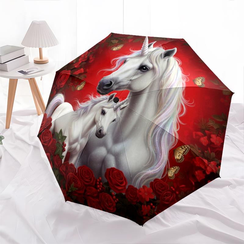 1 PC Automatic Folding Umbrella - Red Rose Horse Pattern, Portable & Foldable Design with 8 Ribs, Christmas Birthday Gifts