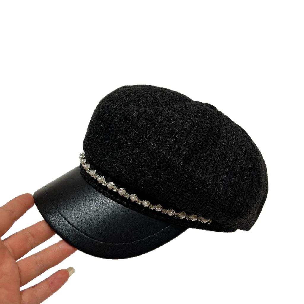 Dongdaemun Tail Order High Quality Fine Flash Small Fragrant Wind Octagonal Hat Spring And Autumn Versatile Rhinestone Rough Tweed Newsboy Hat Girl