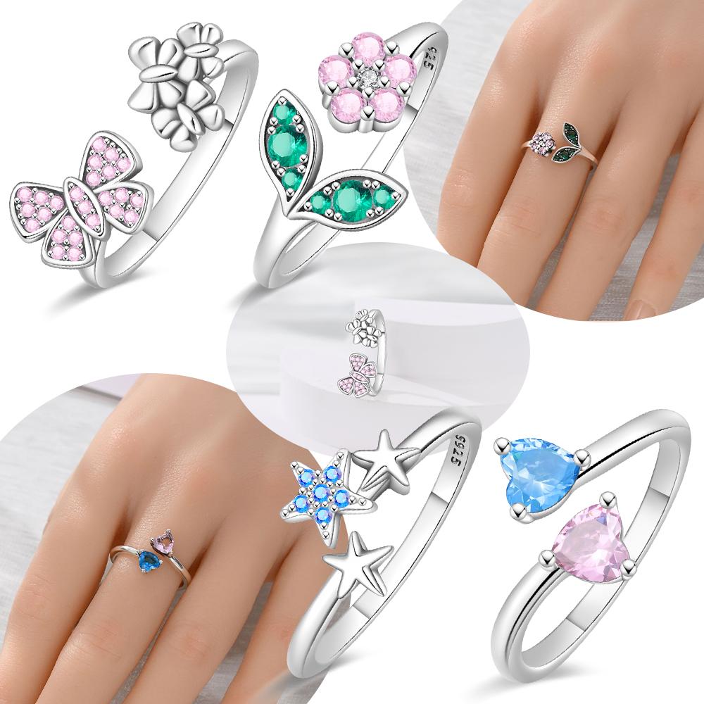Authentic copper Open Flower Butterfly Leaf Ring Women Blue Zirconia Star Shape Heart Ring Jewellery Accessory Fine Delicate Gift Set