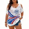 Womens Short Sleeve Cold Shoulder Top with Independence Day Print Casual Loose Fit V Neck Pullover Blouse for Daily Wear