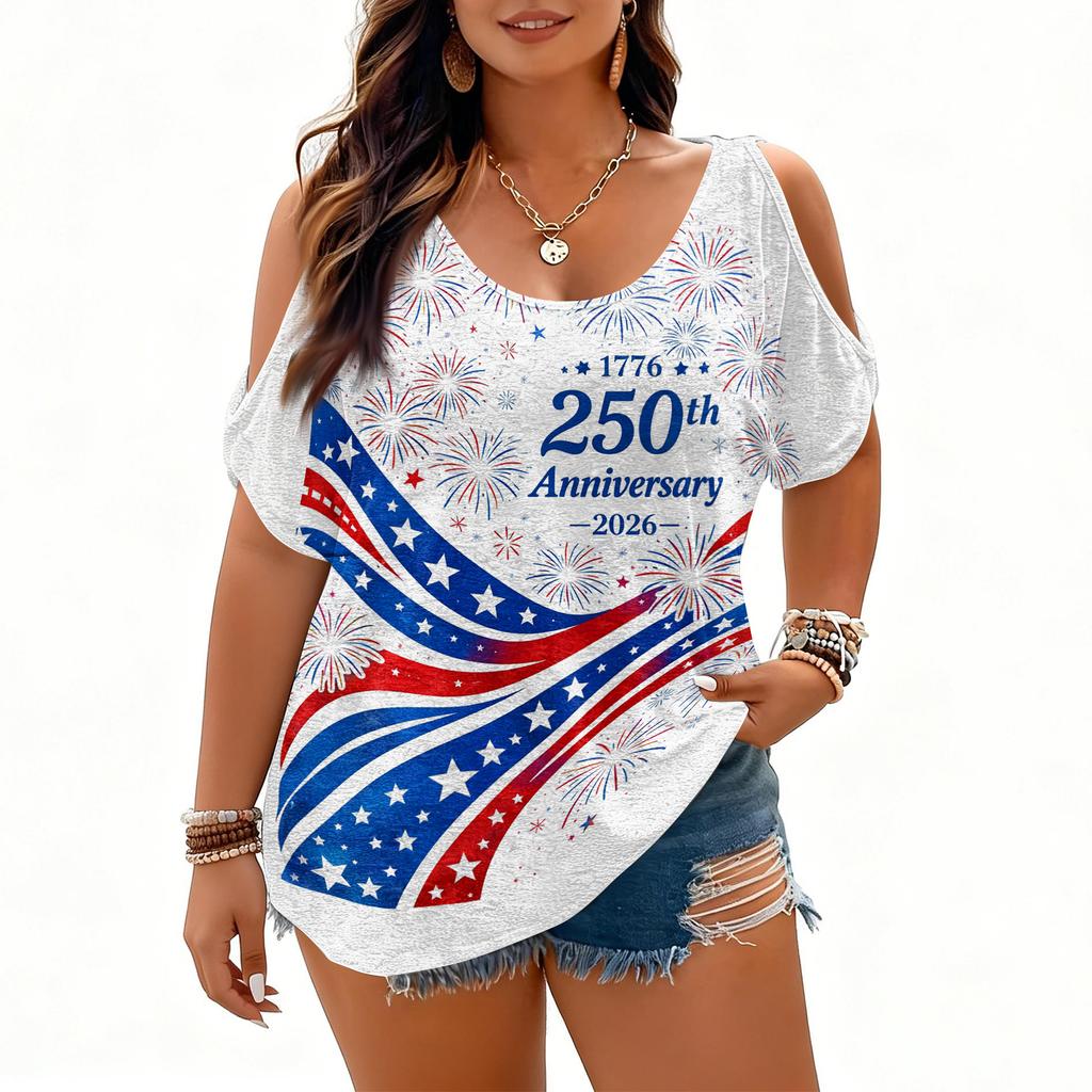 Womens Short Sleeve Cold Shoulder Top with Independence Day Print Casual Loose Fit V Neck Pullover Blouse for Daily Wear