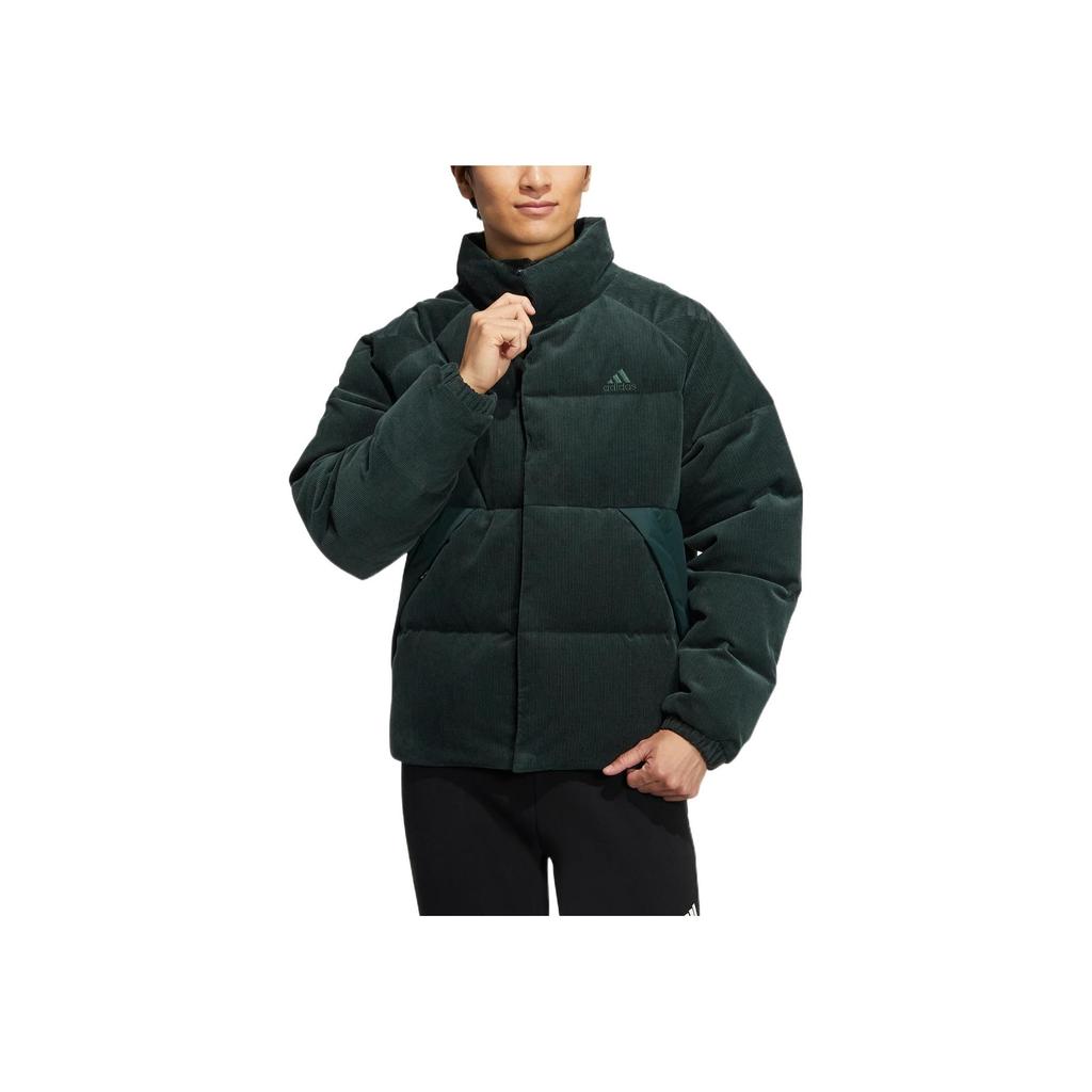 Adidas Cord Down Jacket With Solid Color Print Logo And Zipper Stand Collar Men Outerwear Green HN2137