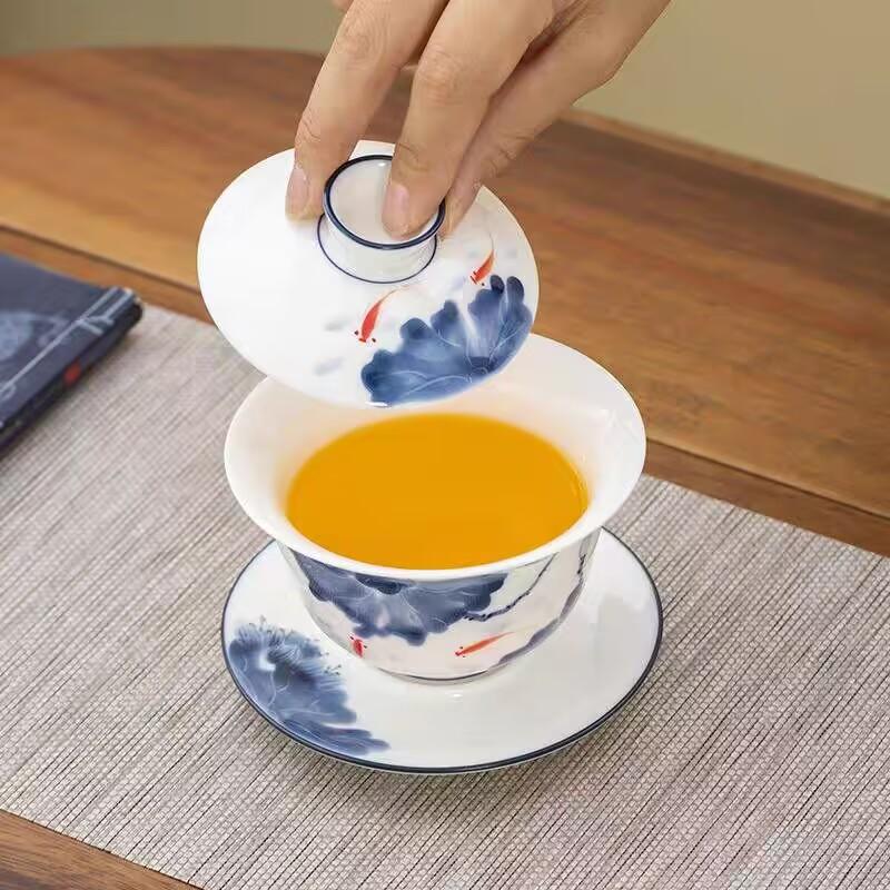 Hongyue Suet Jade Hand-Painted Hovering Rotating Sancai Cover Bowl Teacup Ceramic High-End Dehua White Porcelain High-End Tea Bowl
