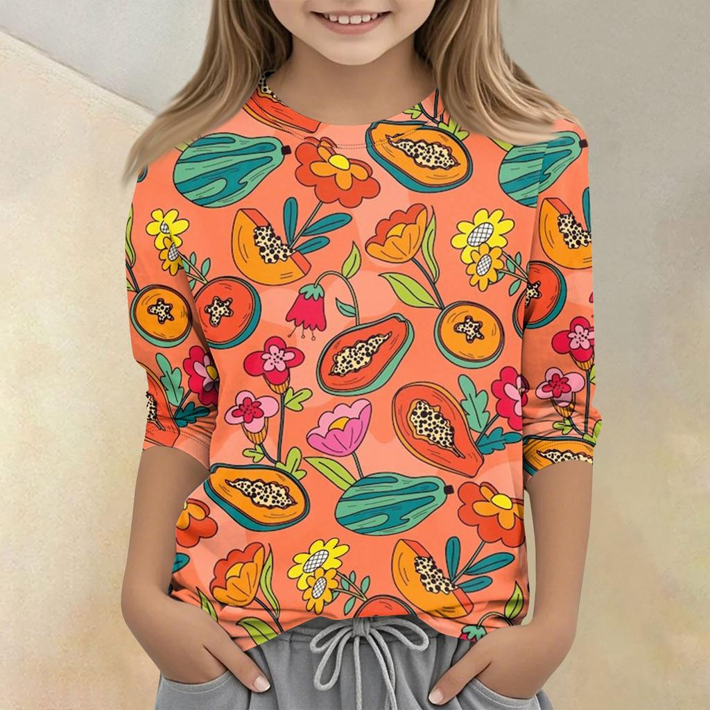 Children's Printed Round Neck Seven Quarter Sleeve Casual T-shirt