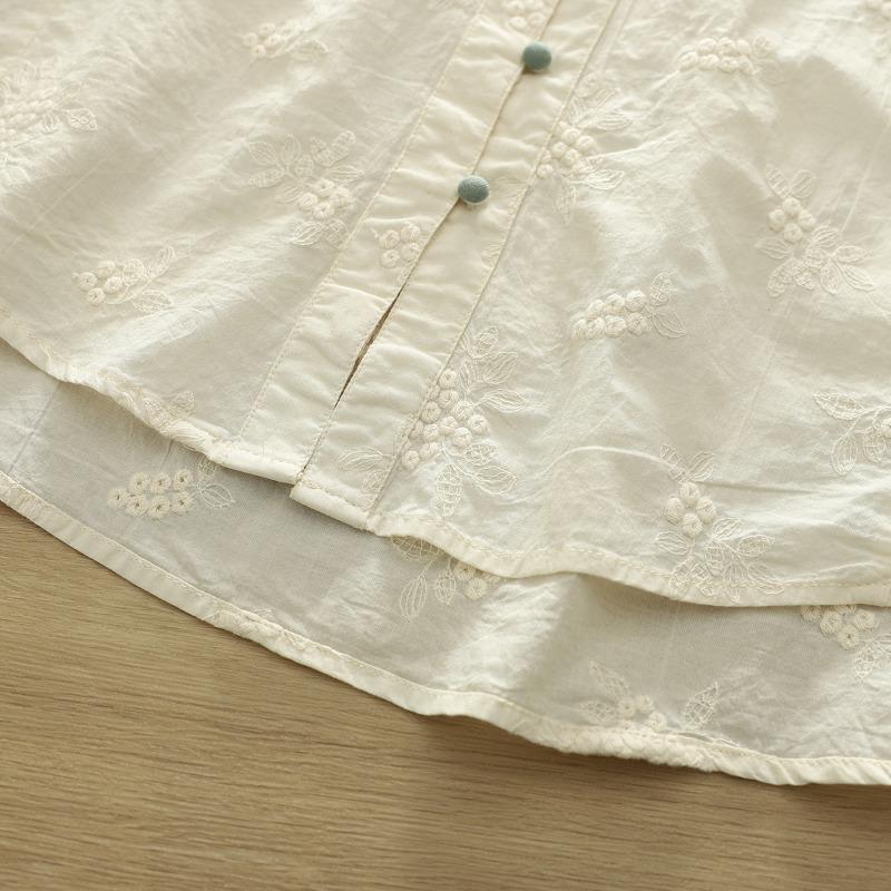 Spring Thin Pure Cotton Round Neck Women's Shirt with Full Embroidery Fresh Sweet Color Buckle Age Reducing Artistic Shirt