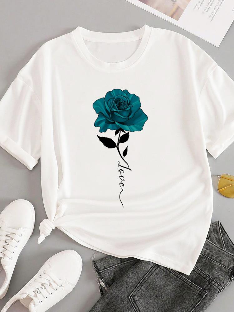 (Asian Size) T-shirts Fashion O-neck Female Casual Women's Top T Clothing Sweet Love Style 90s  Print Short Sleeve Graphic Tee