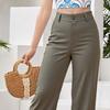 Women Summer Pants Mid-rise Button Zipper Fly Straight Leg Long Trousers with Pockets Solid