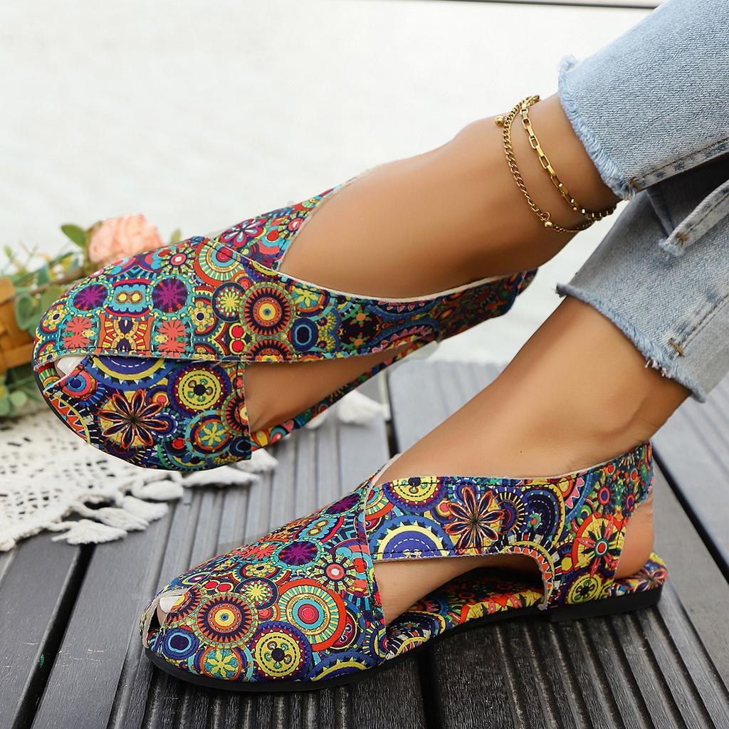 Fashion 2025 Summer New Flat Printed Toe Ring Roman Style Slides Women Cross-border Plus Size Ethnic Sandals Style Cool Slippers Women