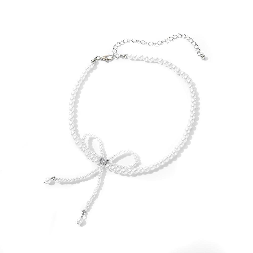 Fashion Trend Full of Pearl Fringed Temperament Necklace with Diamonds Bow Super Fairy Collarbone Chain