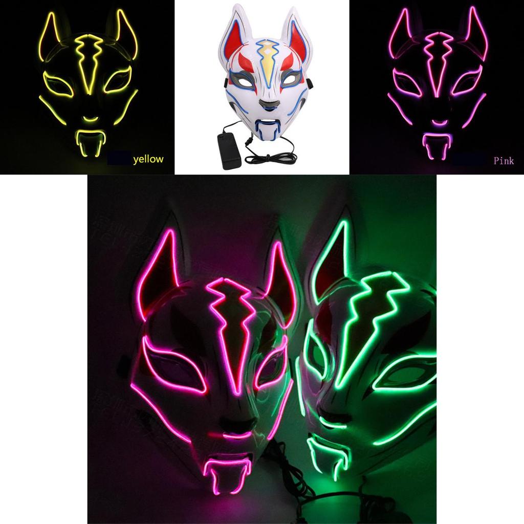 Unisex Japanische Fuchsmaske mit leuchtendem LED-Licht für gruselige Halloween-Partys