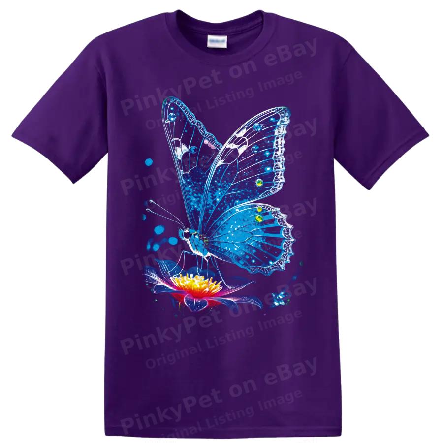 Butterfly T Shirt Blue Neon Floral Insect Nature Art Graphic Unisex Tee Gift