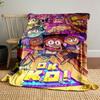 The image features colorful cartoon characters in dynamic action poses. for all seasons blanket lunch break throw gift