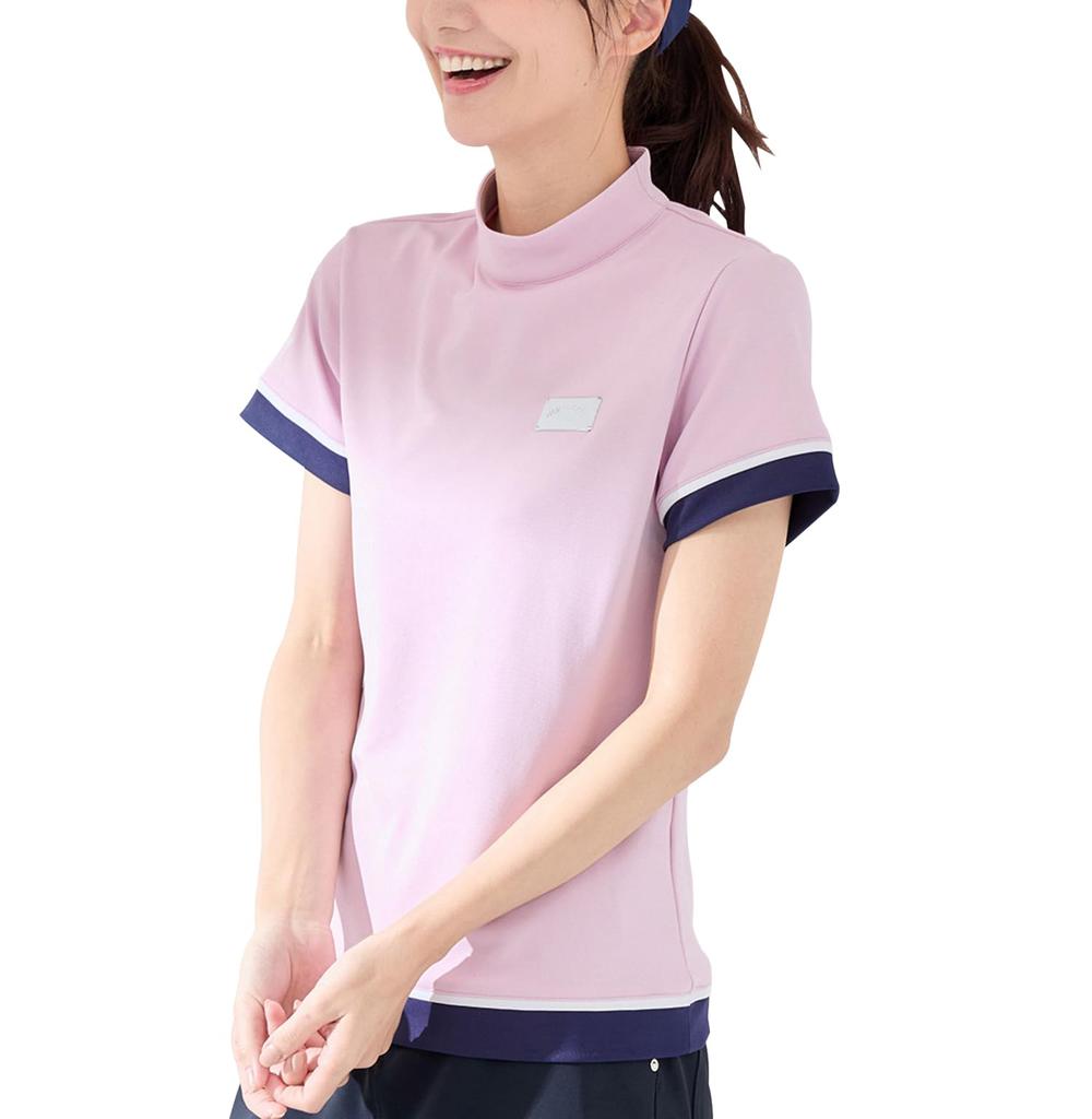 Jun Rope Mock Neck Short Sleeve Pullover with UV Cooling and Pink & Women's Color-Combo Protection, Quick-Drying, Touch, Anti-See-Through, (63)