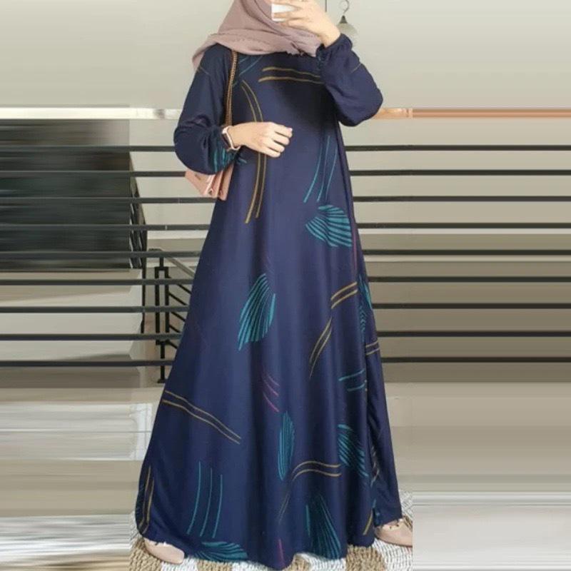 Cross-Border Printed Middle Eastern Muslim Dress with Long Sleeves and Round Neck