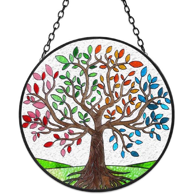 Tuitessine Tree of Life Stained Glass Suncatcher Four Season Theme Colorful Leaves Window Wall Hanging Ornament Hand-Painted Glass Panel Decor Gift