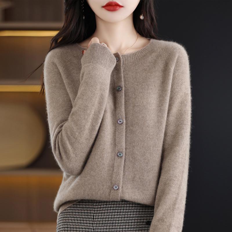 Women's 100% Pure Wool Round Neck Cardigan - Loose, Fashionable, Versatile Spring Knit Sweater.