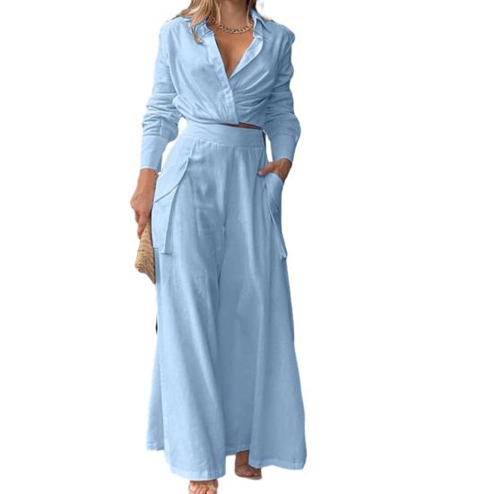 Women's 2 Piece Outfits Casual Long Sleeve Lapel V Neck Crop Shirts Wide Leg Pant Matching Set Fall Spring Travel Lounge Set